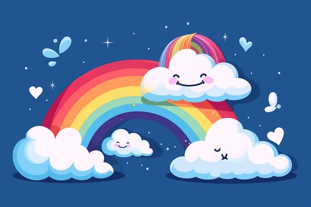 Um arco-íris e uma nuvem sorridente com um rosto sorridente.