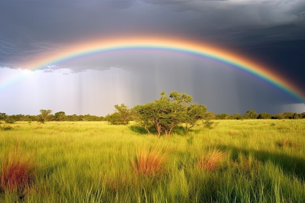 Um arco-íris é visto sobre um campo de grama e o céu está escuro e o sol está brilhando.