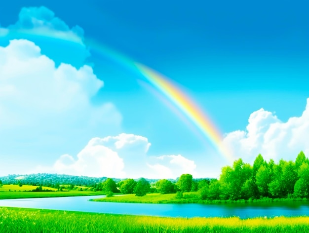 Foto um arco-íris está no céu acima de um campo de grama e árvores
