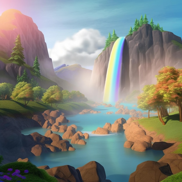 Um arco-íris está no céu acima de uma cachoeira