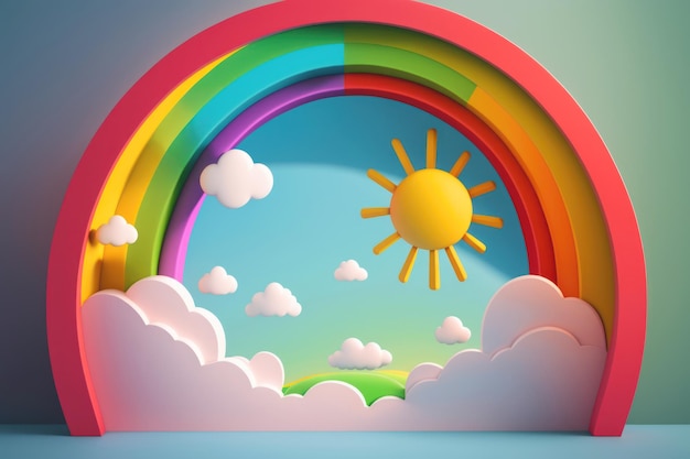 Um arco-íris está no céu e o sol está atrás dele.