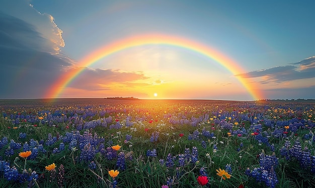 Um arco-íris está no céu sobre um campo de flores