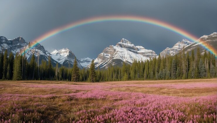 Foto um arco-íris está no fundo de uma montanha com árvores no fundo