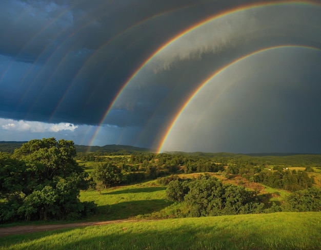 Um arco-íris está sobre um campo e o céu está escuro