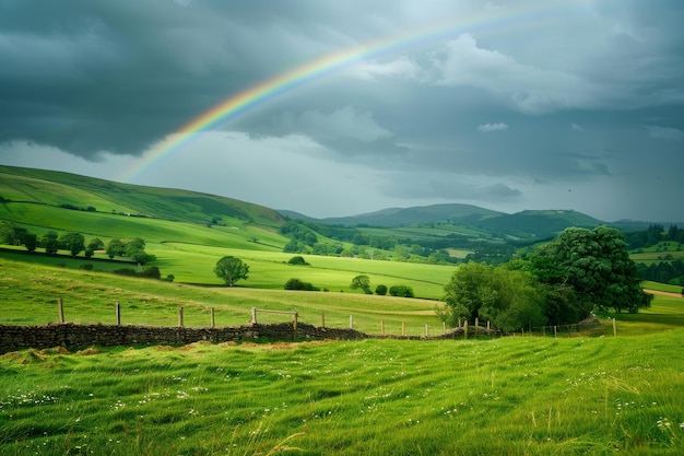 Um arco-íris no céu sobre um campo verde exuberante