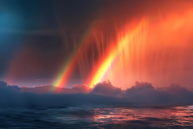 Foto um arco-íris radiante atravessando um céu tempestuoso