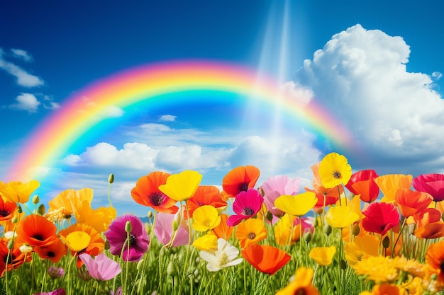 Um arco-íris se formando sobre um campo de papoulas