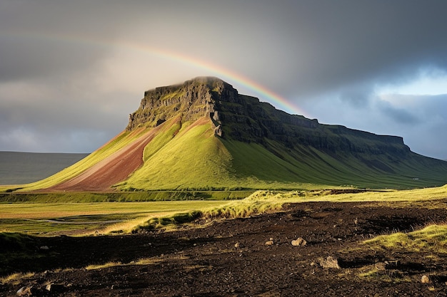 Um arco-íris se formando sobre uma cordilheira