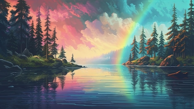 Um arco-íris sereno sobre um lago Conceito de fantasia Ilustração pintura