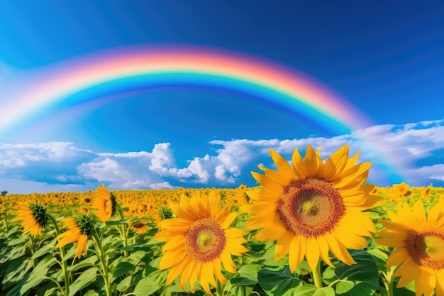 Um arco-íris sobre um campo de girassóis