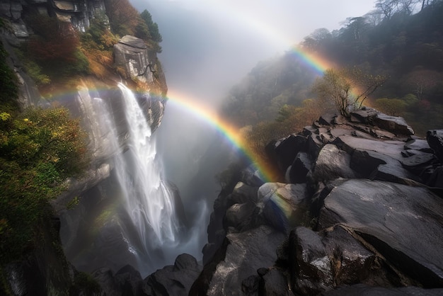 Um arco-íris sobre uma cachoeira no nevoeiro