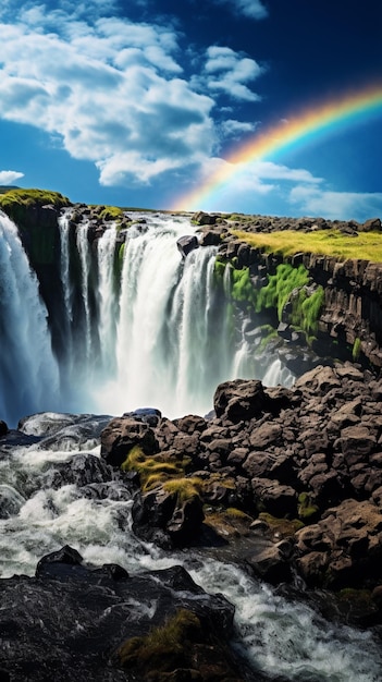 Um arco-íris sobre uma cachoeira