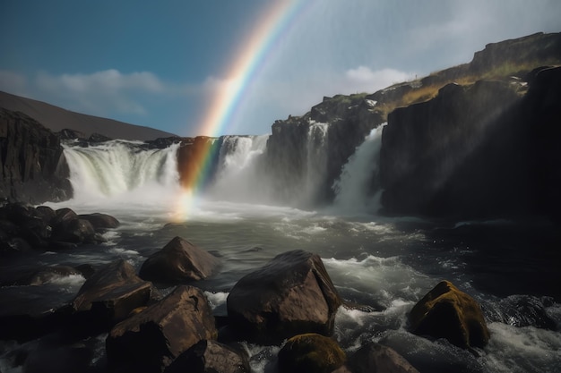 Foto um arco-íris sobre uma cachoeira