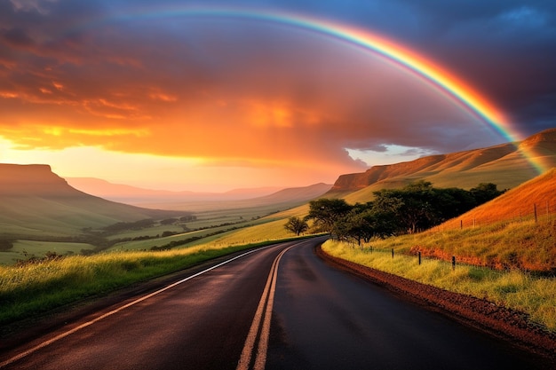 Um arco-íris sobre uma estrada de campo ao nascer do sol