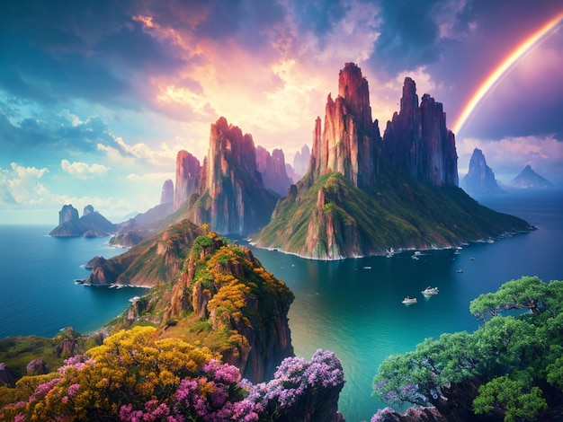Foto um arco-íris sobre uma montanha com um arco-íris no céu