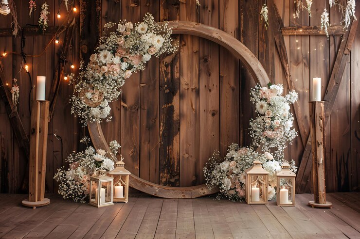 Foto um arco redondo de madeira com flores e lanternas