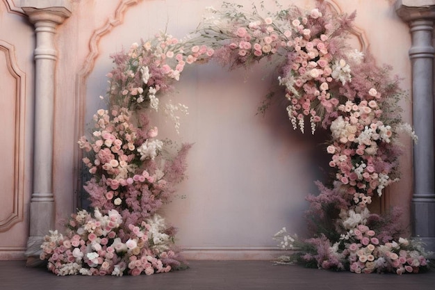 Um arco rosa e branco com flores nele.