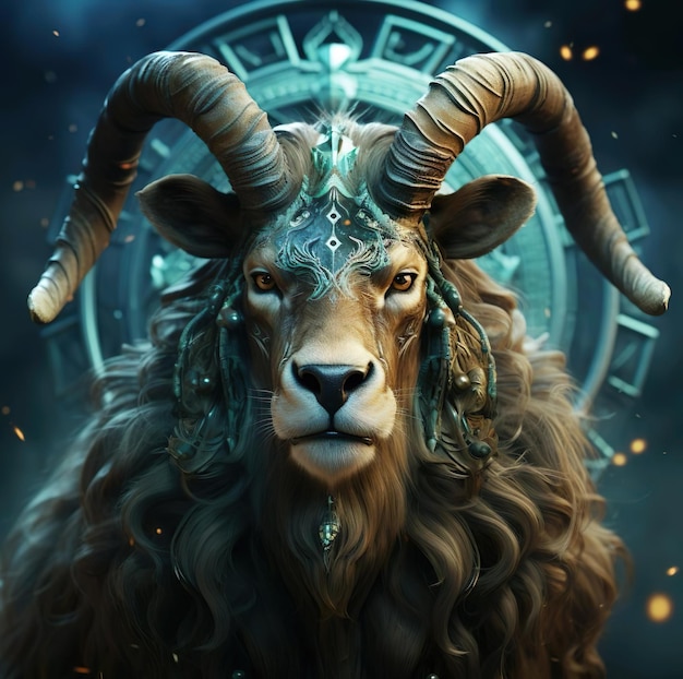 Um Aries do zodíaco uma cabra com uma cabeça verde e um símbolo atrás dela