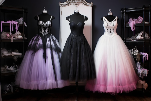 um armário com um vestido de noiva branco e uma roupa preta e rosa que uma garota emo usaria e um pequeno p
