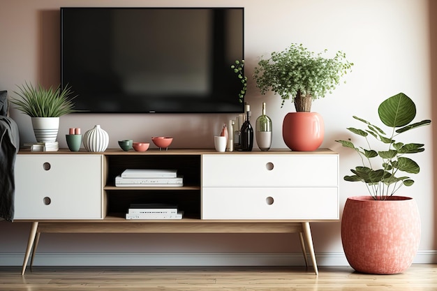 Um armário de TV em uma sala contemporânea com decorações em um fundo de madeira com detalhes em coral