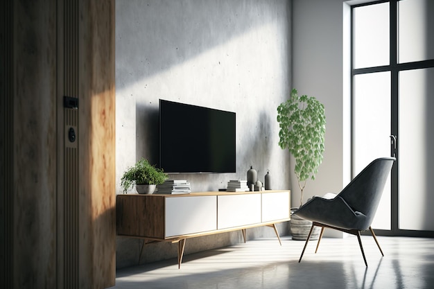 Um armário de TV minimalista na parede de gesso branco da sala de estar com uma cadeira
