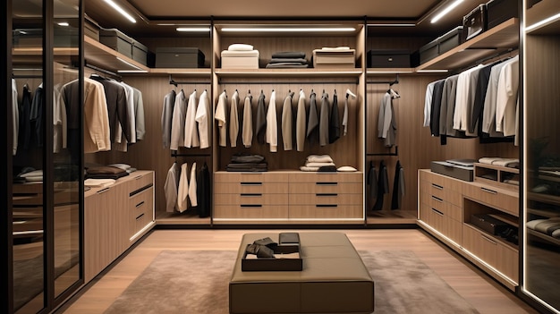 um armário moderno cheio de roupas e caixas