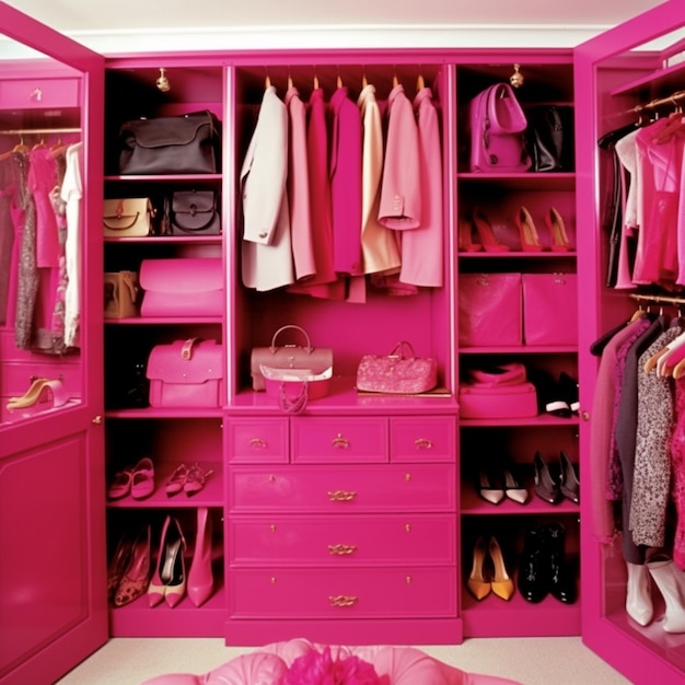 Um armário rosa com um baú rosa que diz "rosa" nele.