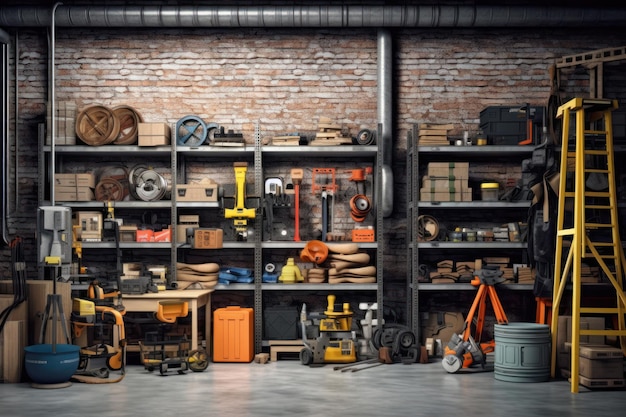 Um armazém com uma prateleira cheia de ferramentas e ferramentas