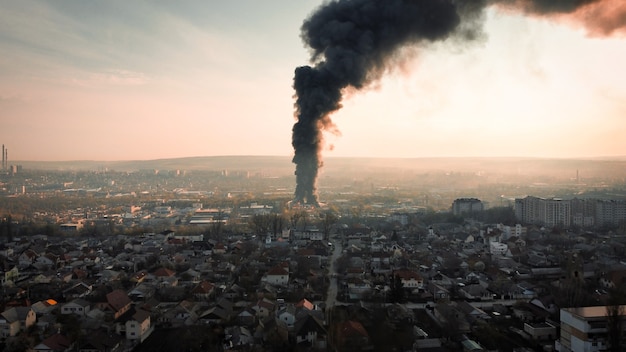 Um armazém em chamas com uma alta coluna negra de fumaça no setor residencial de Chisinau, Moldávia