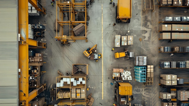 Foto um armazém industrial movimentado de cima elevadores e carga em ação logística e comércio pássaros visão de olho do caos organizado ai