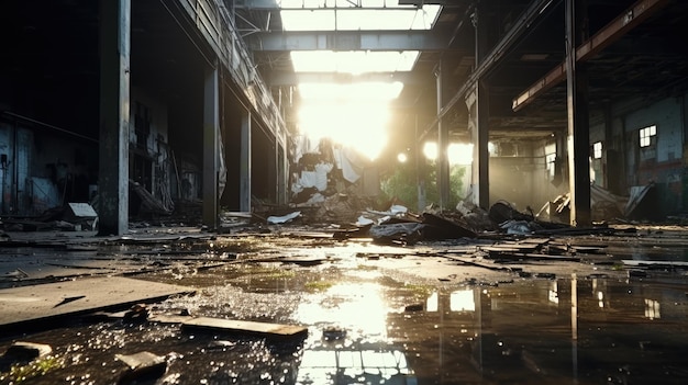 Foto um armazém interior assustador abandonado danificado por inundações pela manhã com a luz do sol entrando