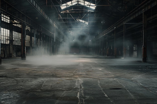 Foto um armazém vazio escuro e fumegante um edifício industrial abandonado