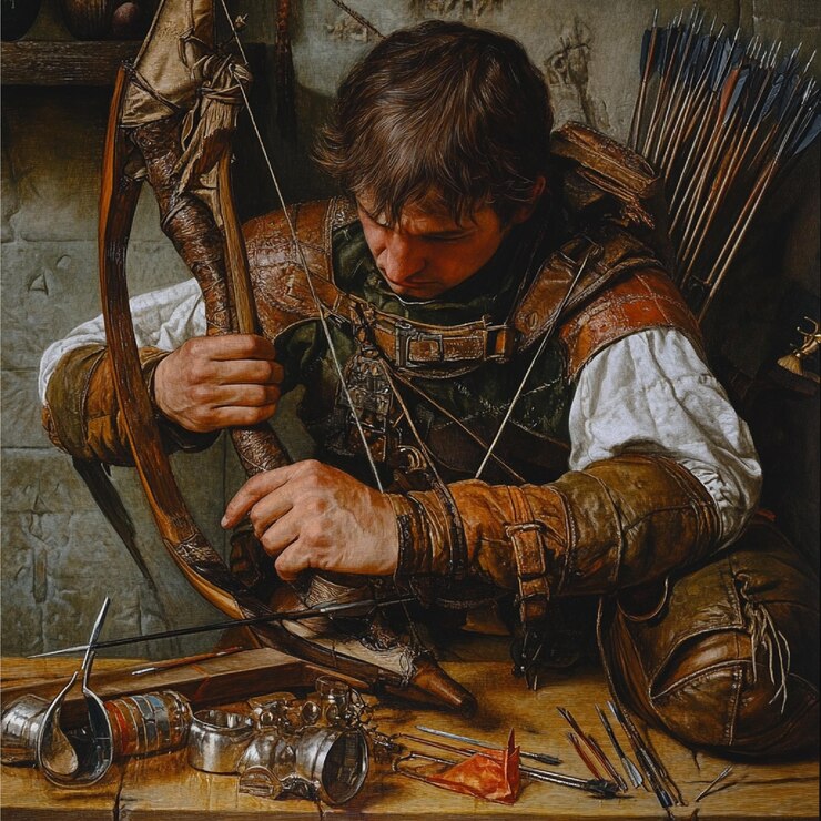 Foto um arqueiro ajustando seu equipamento com uma visão detalhada de vários acessórios em uso