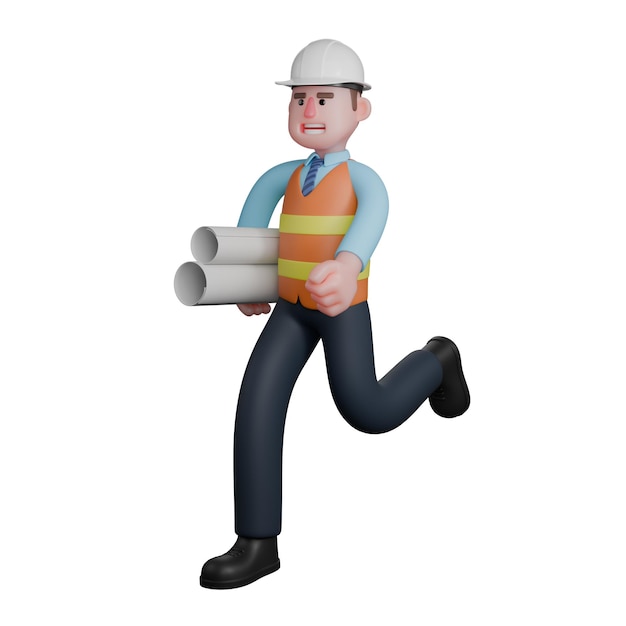 Um arquiteto corre com a mão direita segurando um rolo de esboços Arquiteto
