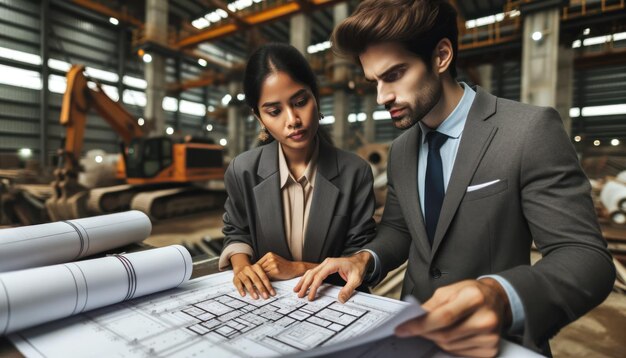 Um arquiteto e uma arquiteta examinando um projeto de construção