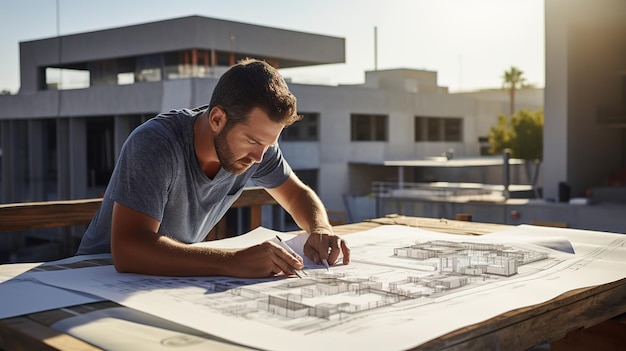 Um arquiteto examina cuidadosamente os planos de construção em um telhado, supervisionando um projeto de construção ao ar livre