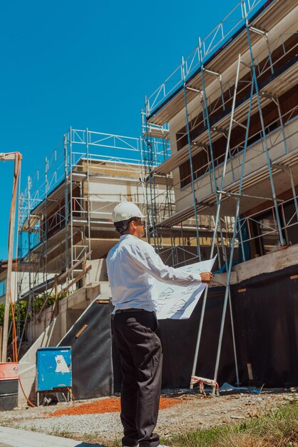 Um arquiteto olhando para o plano e pensando em trabalhar em um grande projeto Construindo no interior do processo de construção