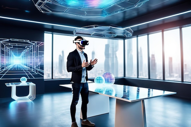 Um arquiteto usando óculos de realidade virtual olha para óculos de realidade virtual e segura um holograma gerado por IA