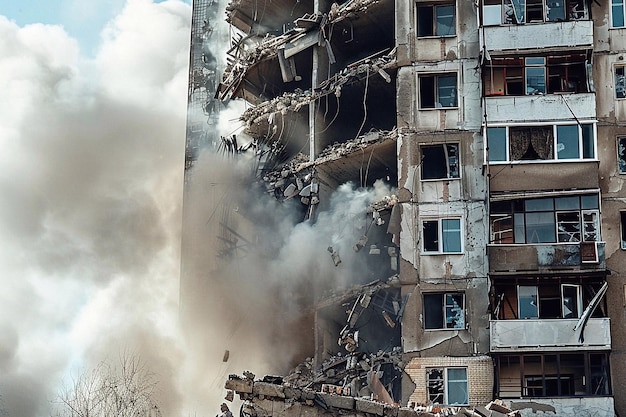Foto um arranha-céus destruído por uma explosão