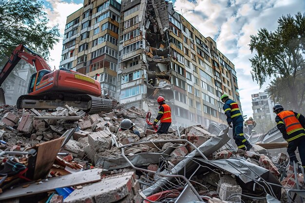 Foto um arranha-céus destruído por uma explosão