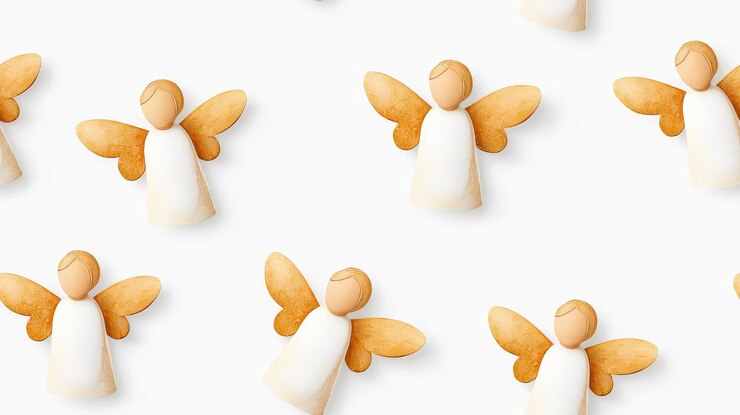 Foto um arranjo caprichoso de estatuetas de anjos com asas delicadas colocadas contra um fundo branco limpo criando uma composição serena e artística fundo de padrão sem costura