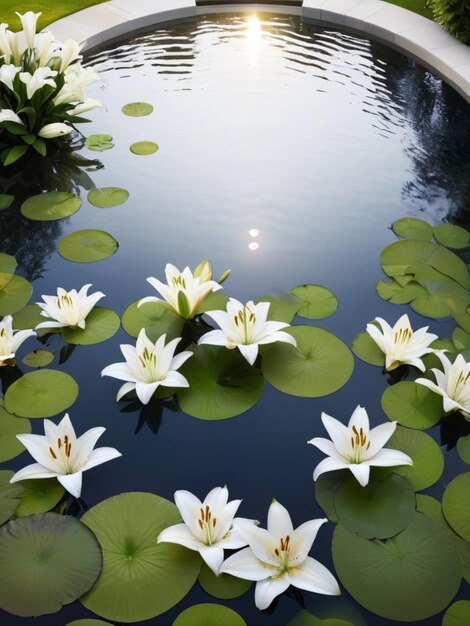 Foto um arranjo circular de lírios brancos em torno de uma piscina refletora