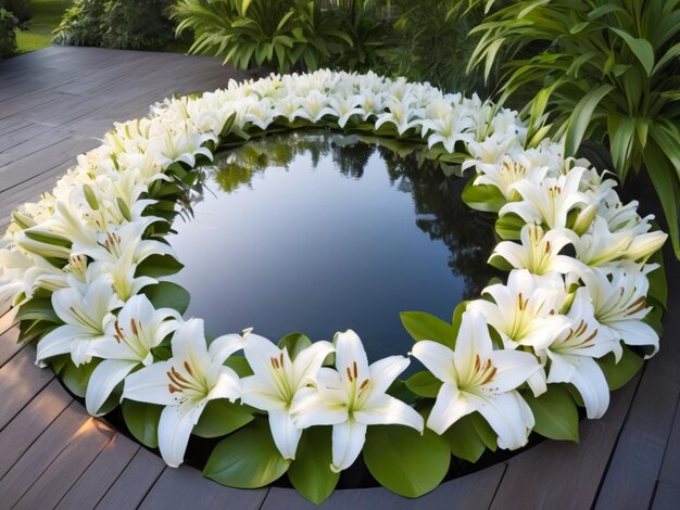 Um arranjo circular de lírios brancos em torno de uma piscina refletora