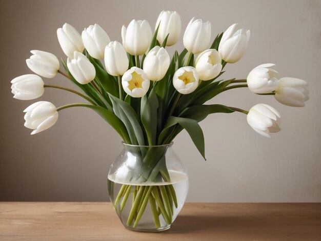 Um arranjo circular de tulipas brancas em um vaso vintage