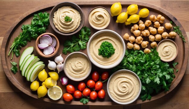 Um arranjo colorido de ingredientes frescos em uma tábua de corte de madeira grão-de-bico alho limão ta