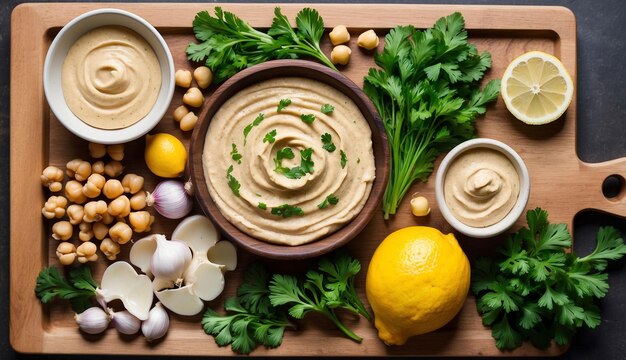 Um arranjo colorido de ingredientes frescos em uma tábua de corte de madeira grão-de-bico alho limão ta