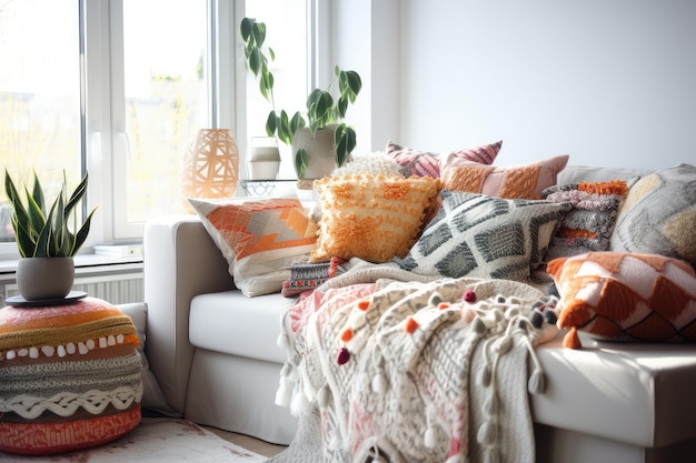 Um arranjo colorido e aconchegante de cobertores e almofadas em um sofá branco criado com IA generativa
