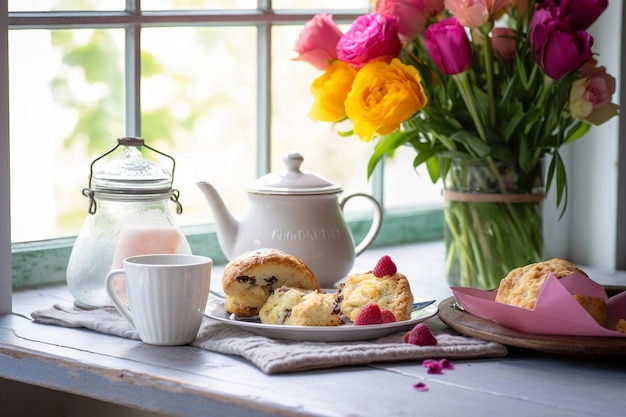 Um arranjo de Dia das Mães com chá e scones na frente de uma janela brilhante gera ai