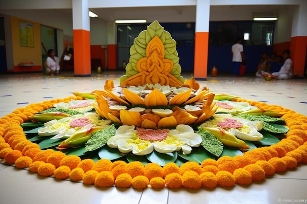 um arranjo de flores é exibido em um templo.