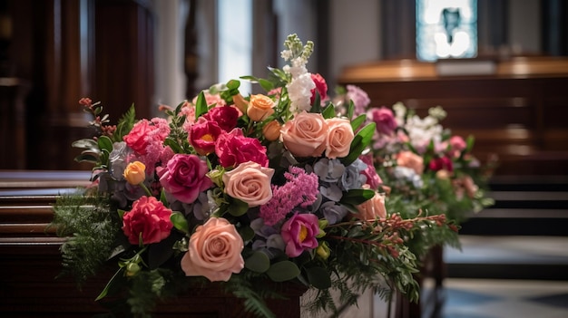 Um arranjo de flores em uma igreja